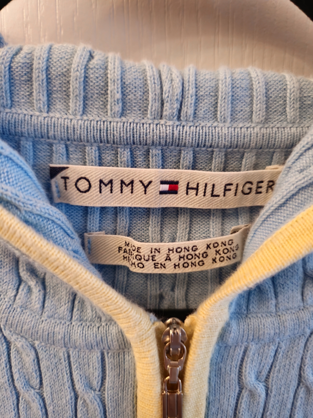 Tommy Hilfiger Light Blue Zip-Up Cable Knit Hoodie with Yellow Trim - Picture 2 of 10